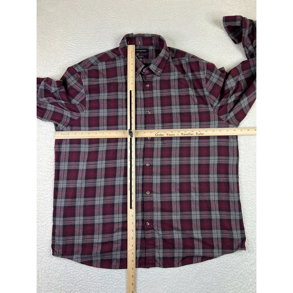Banana Republic Shirt Mens 2XL‎ Red Gray Plaid Slim Untucked Fit Fall 2022